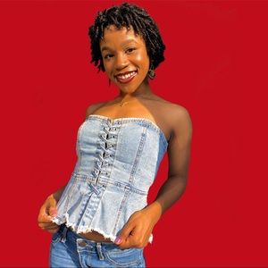 💙🤍Sleeveless jean corset top with cross ribbon